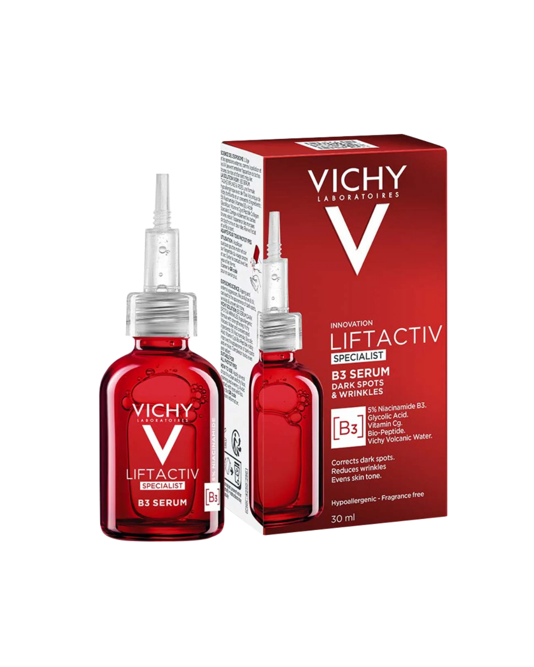 Vichy Liftactiv B3 Serum in a red dropper bottle, shown alongside its red and white product packaging box on a plain white background.