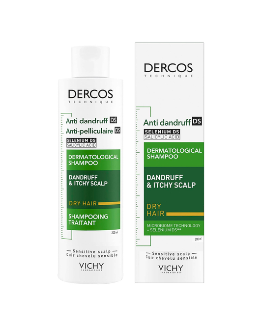 Two bottles of Dercos Anti-dandruff shampoo on a white background