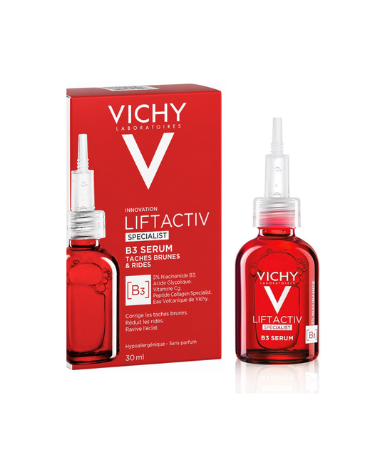 Vichy Liftactiv Specialist B3 Serum shown with its red retail box and a small dropper bottle on a clean white background.