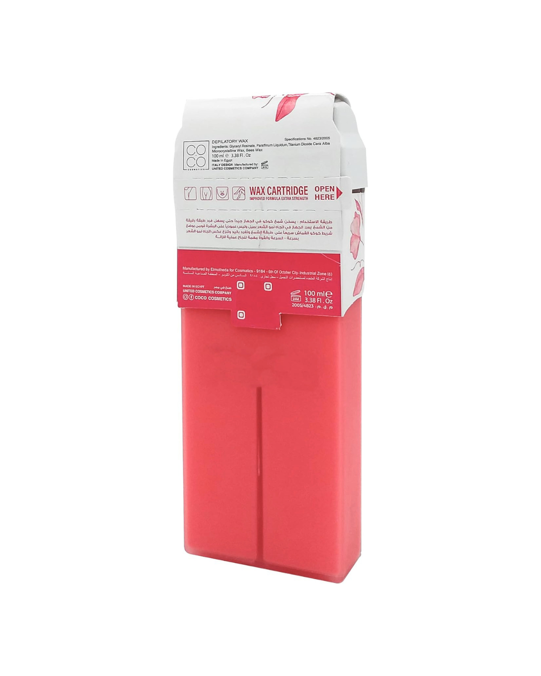 Red and white wax cartridge packaging on a white background