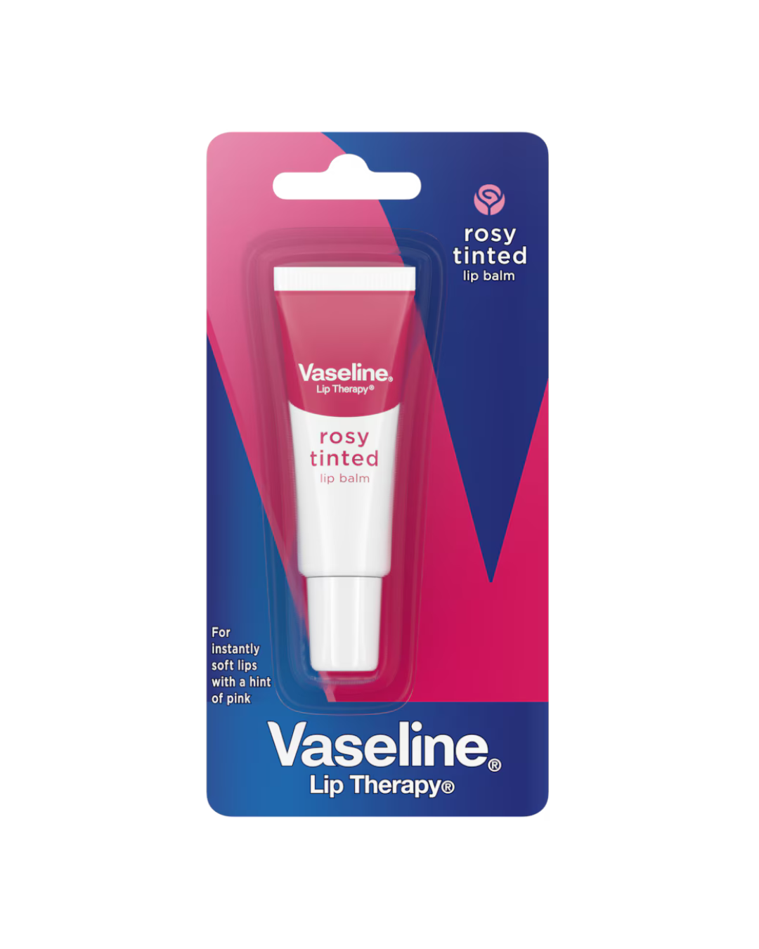 Vaseline Lip Balm on pink and blue packaging on white background