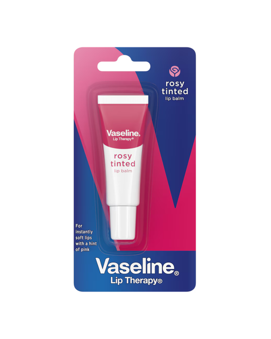 Vaseline Lip Balm on pink and blue packaging on white background